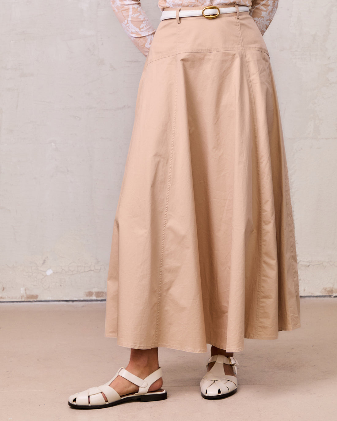 Cotton Yoke Circle Skirt-Tan
