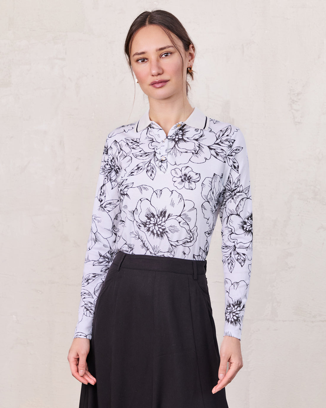 Printed Collar Snap Tee-Sketch Floral