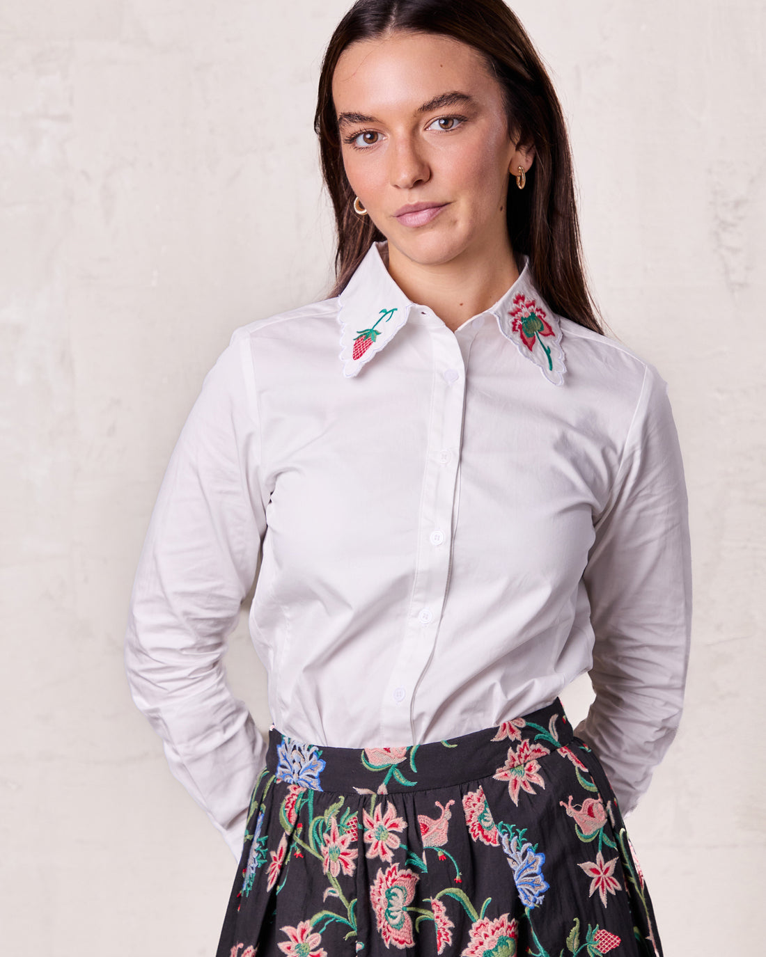 Embroidered Collar Button Down Blouse-White