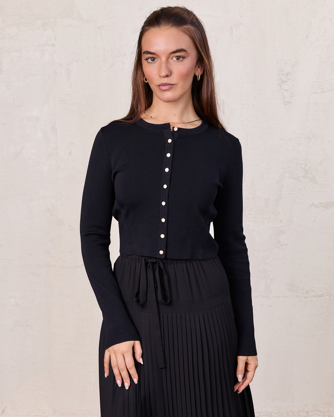 Gold Button Crop Cardigan-Black