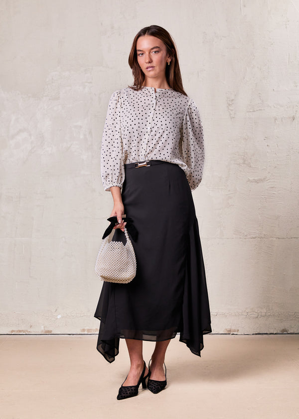 Puff Sleeve Button Down Blouse-Faux Satin Polka Dots