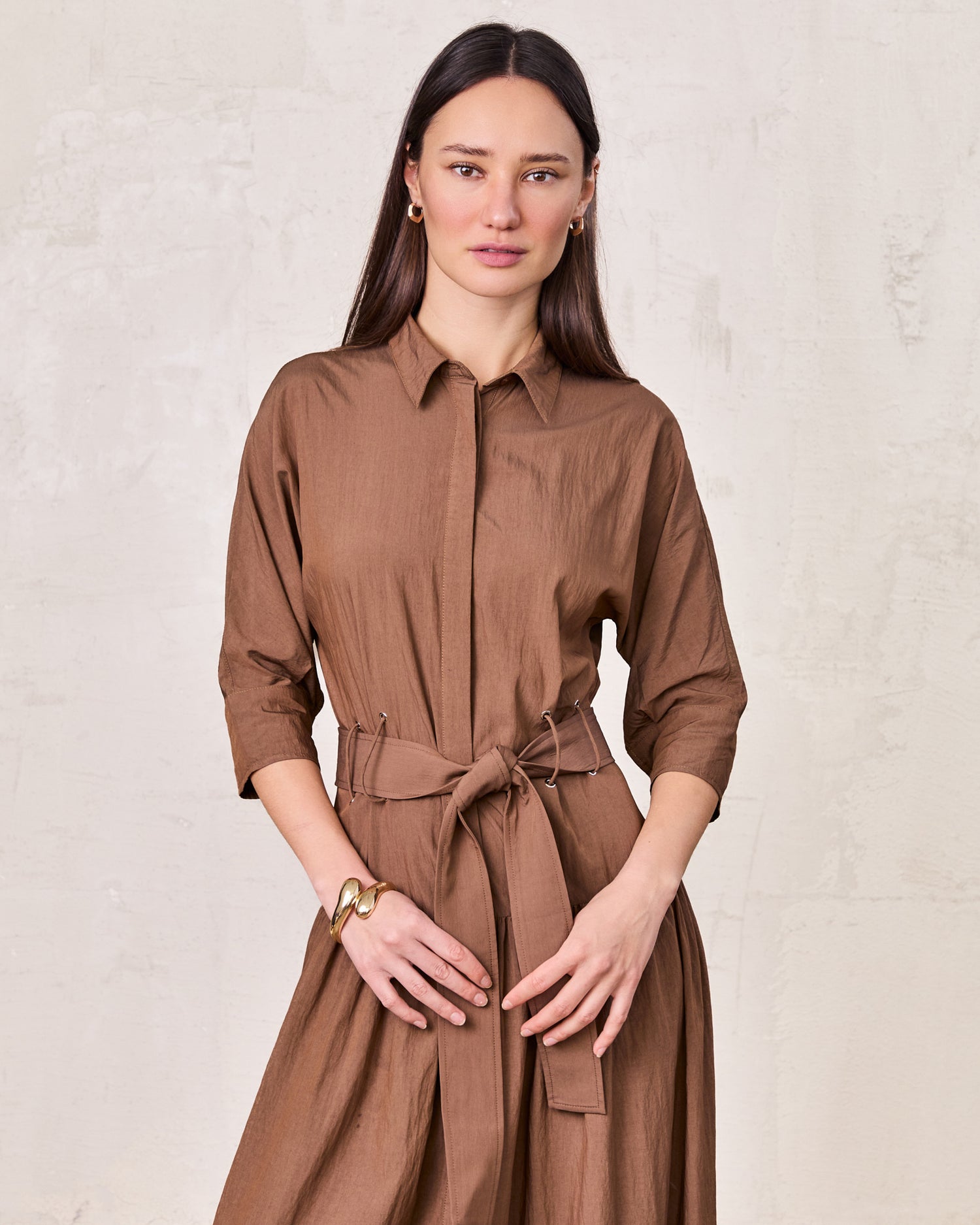 Cotton Yoke Gathered Dress-Brown
