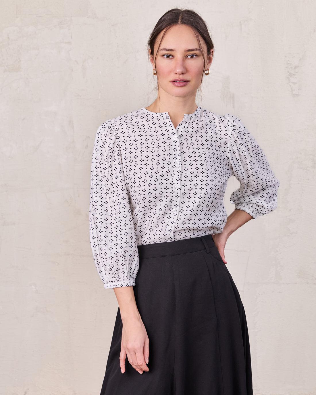 Puff Sleeve Button Down Blouse-Black/White Polka Dot