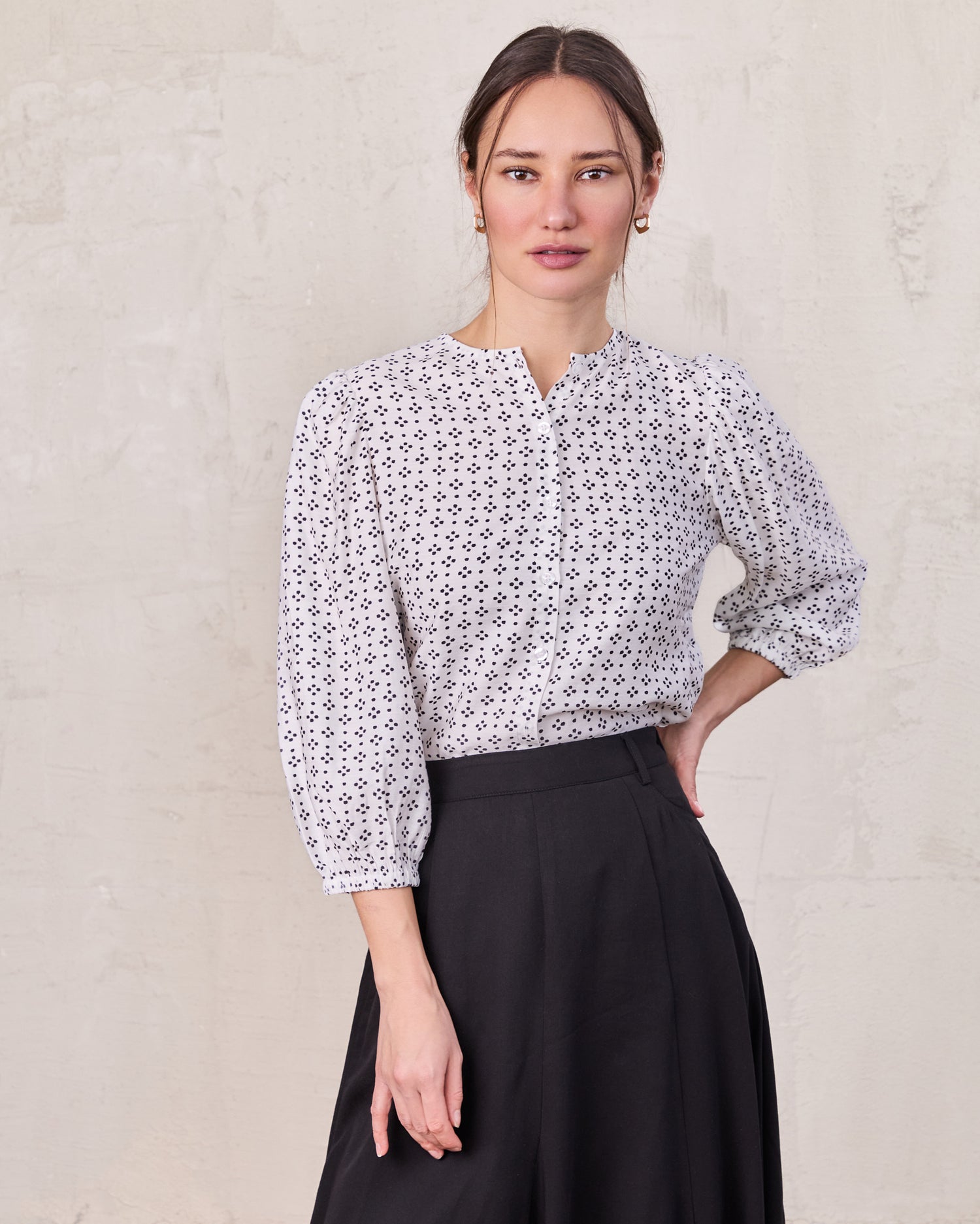 Puff Sleeve Button Down Blouse-Black/White Polka Dot