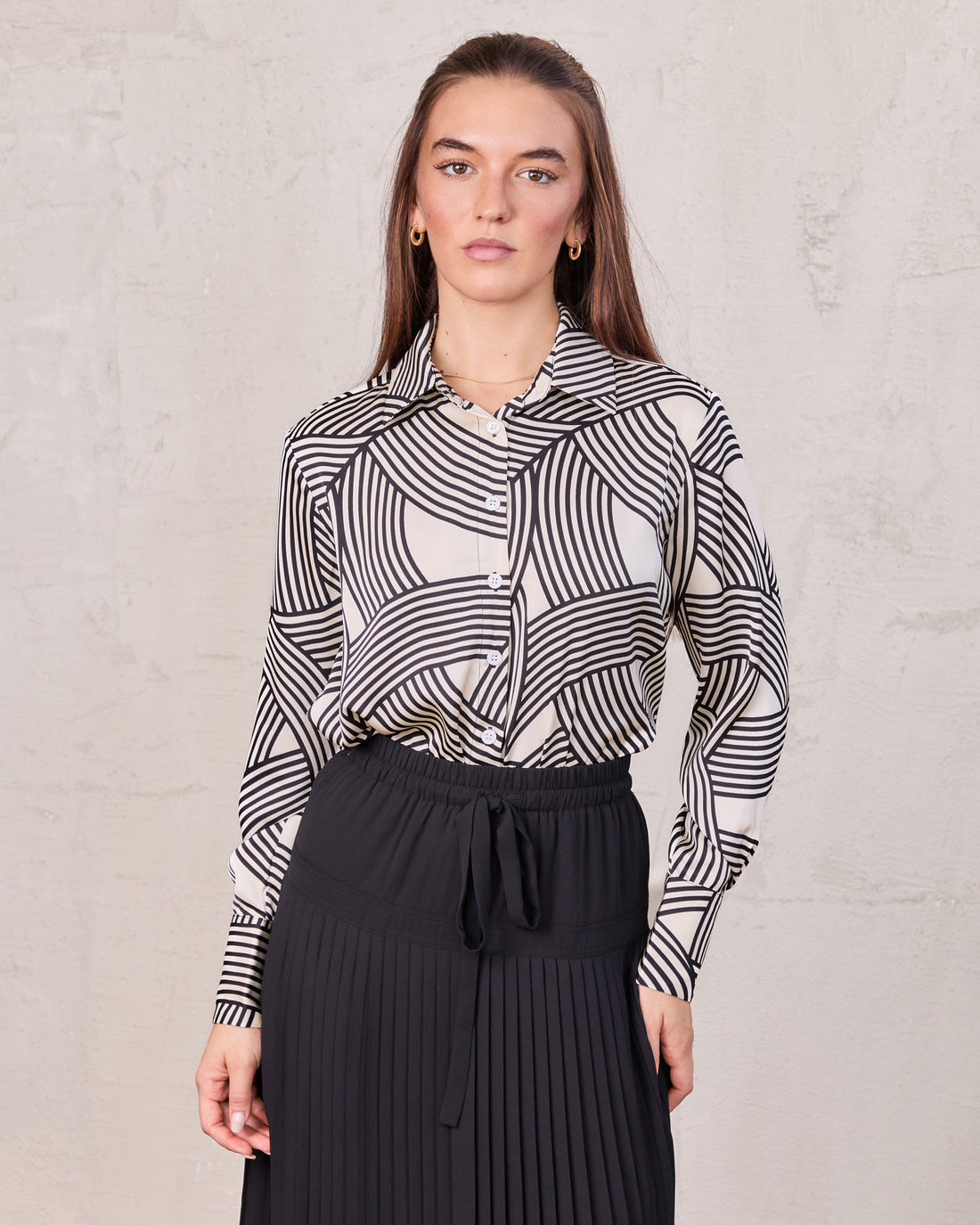 Button Down Print Blouse-Geometric Lines