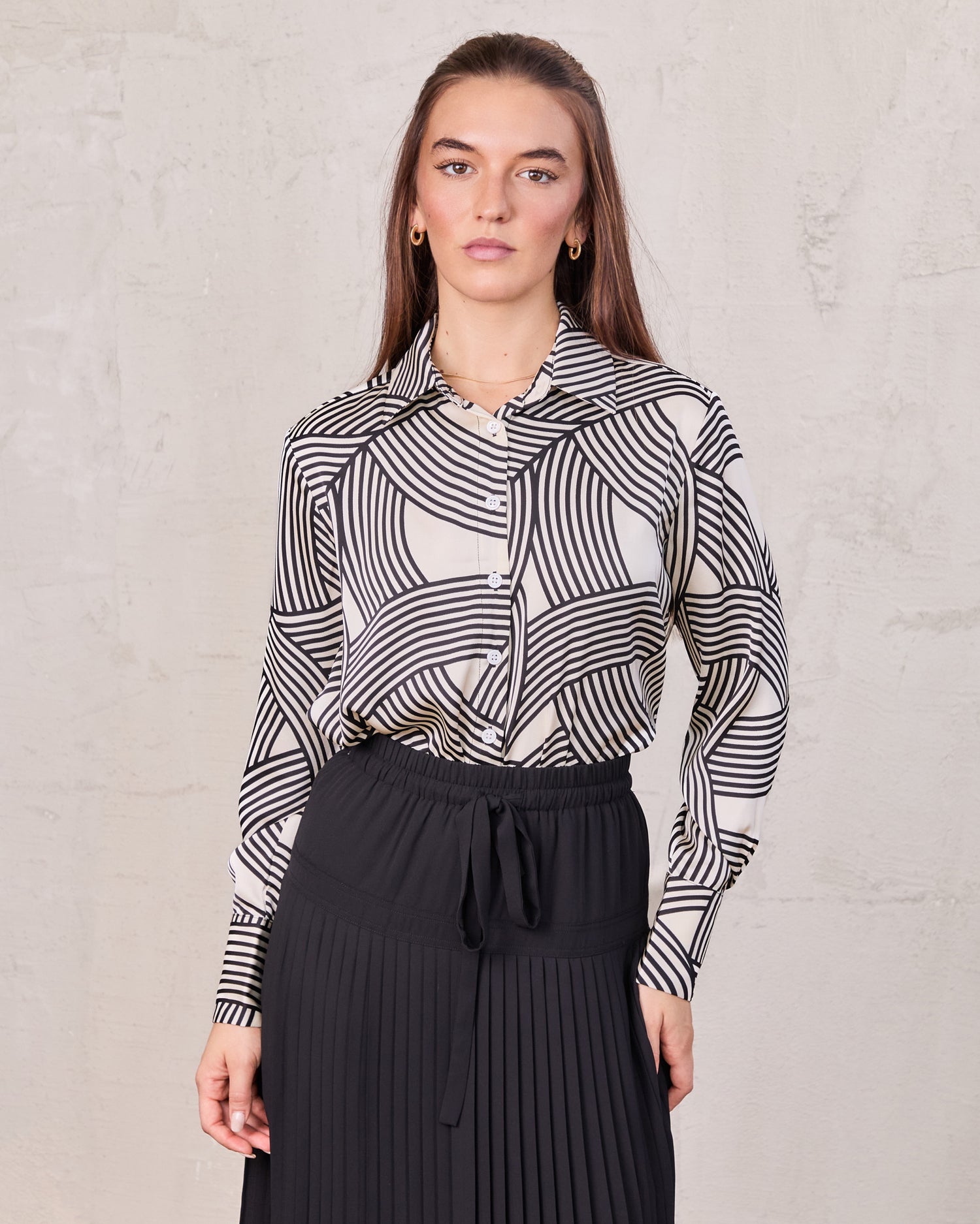 Button Down Print Blouse-Geometric Lines