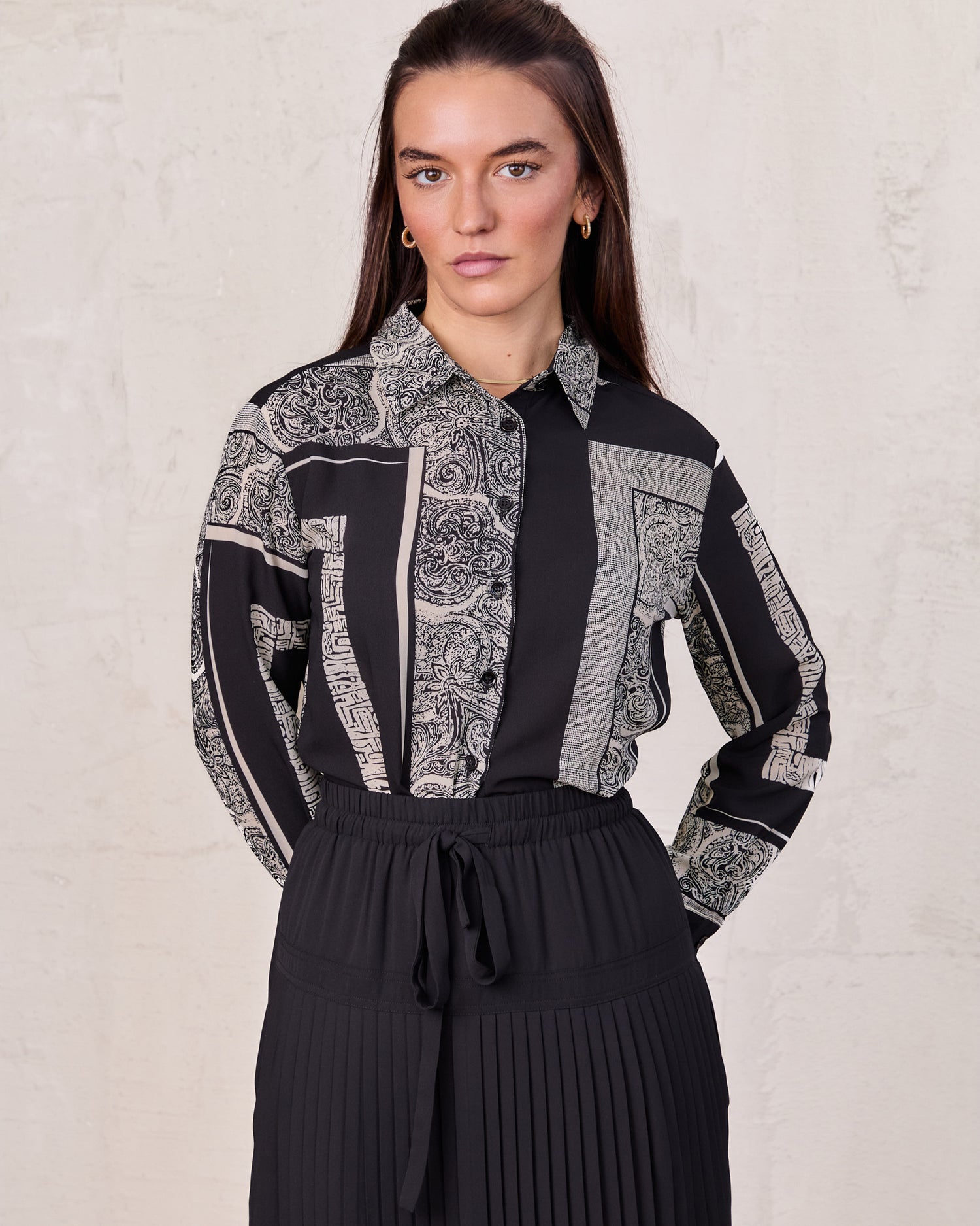 Button Down Collared Blouse-Mix Print