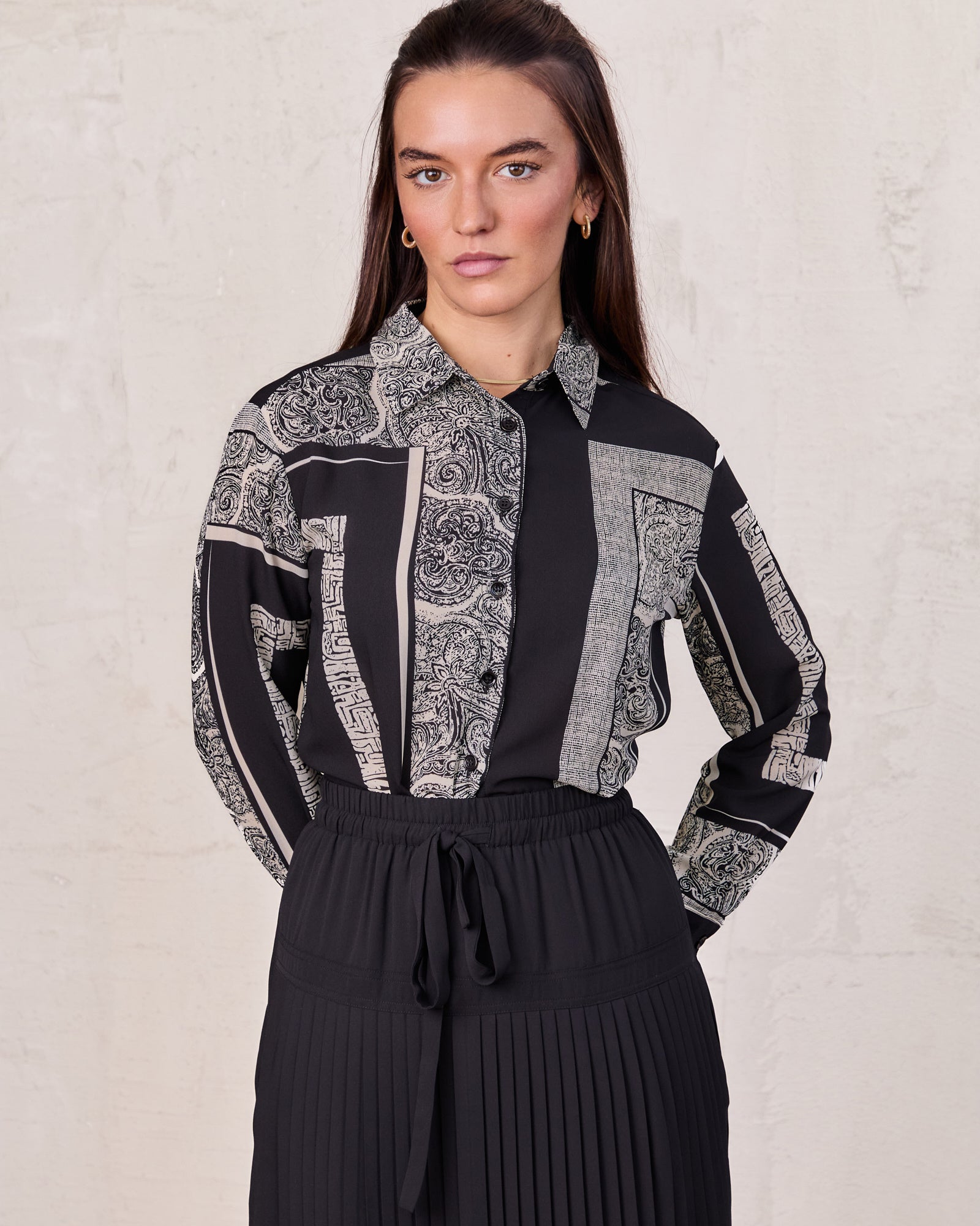 Button Down Collared Blouse-Mix Print