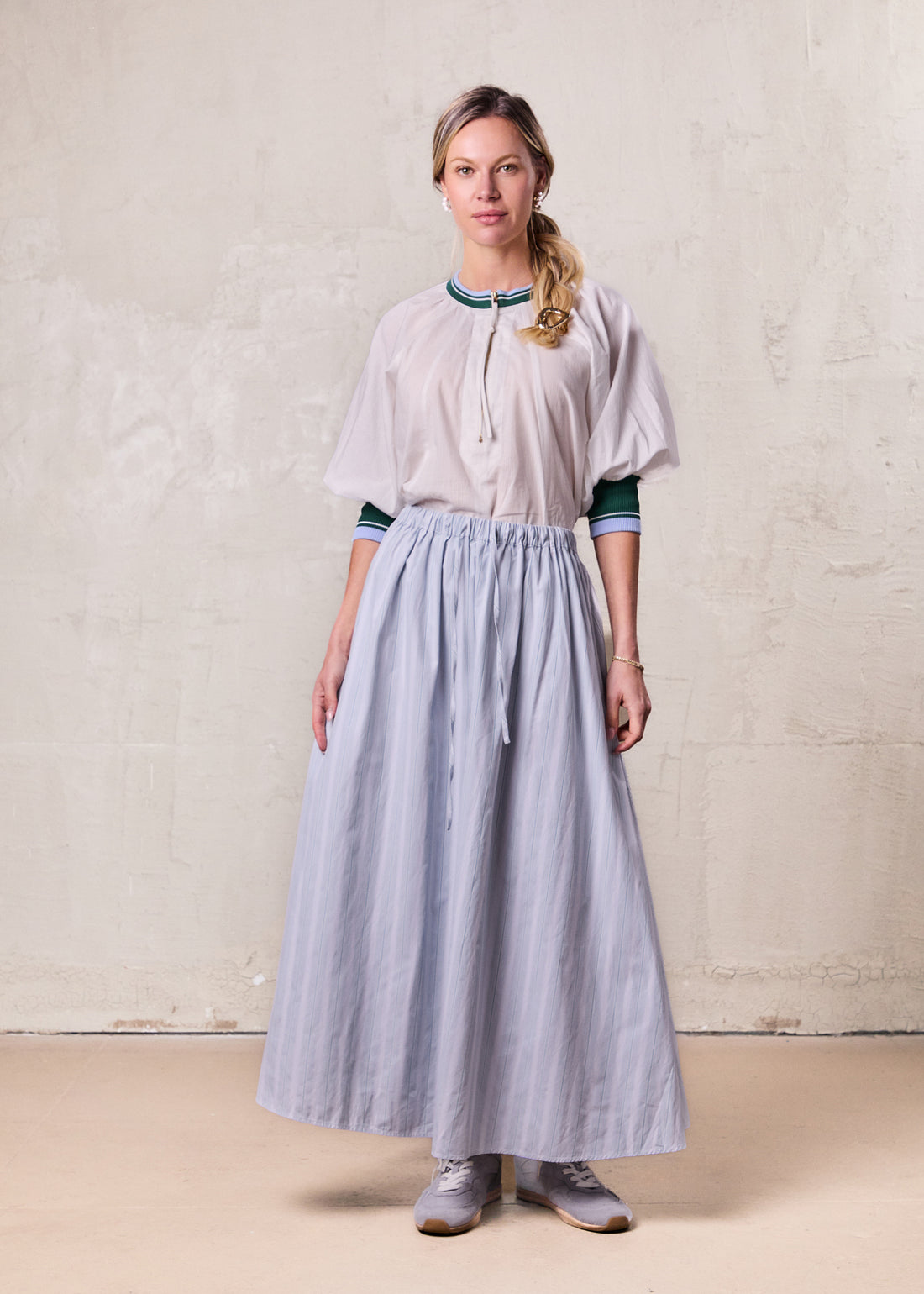 Drawstring Cotton Blend Skirt-Light Blue