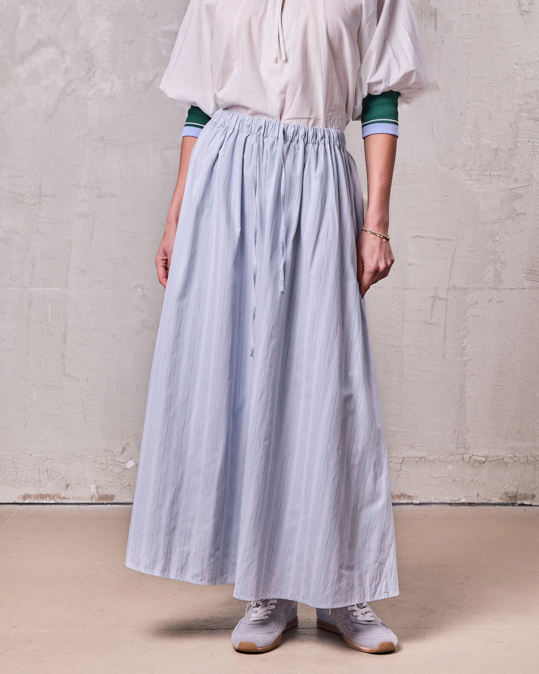 Drawstring Cotton Blend Skirt-Light Blue