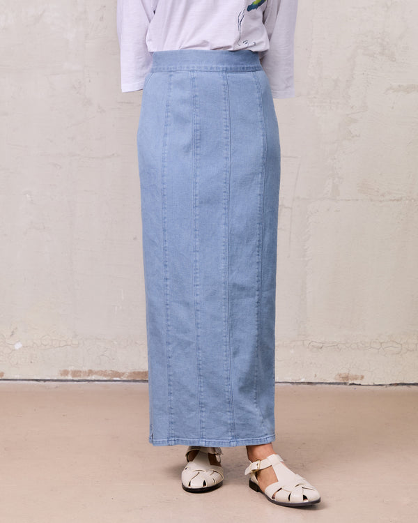 Seamed Straight Stretch Denim Skirt-Light Blue