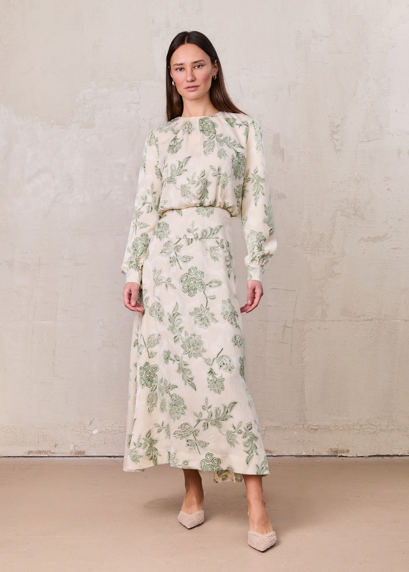 Waist Yoke Dress-Green Sketch Flower