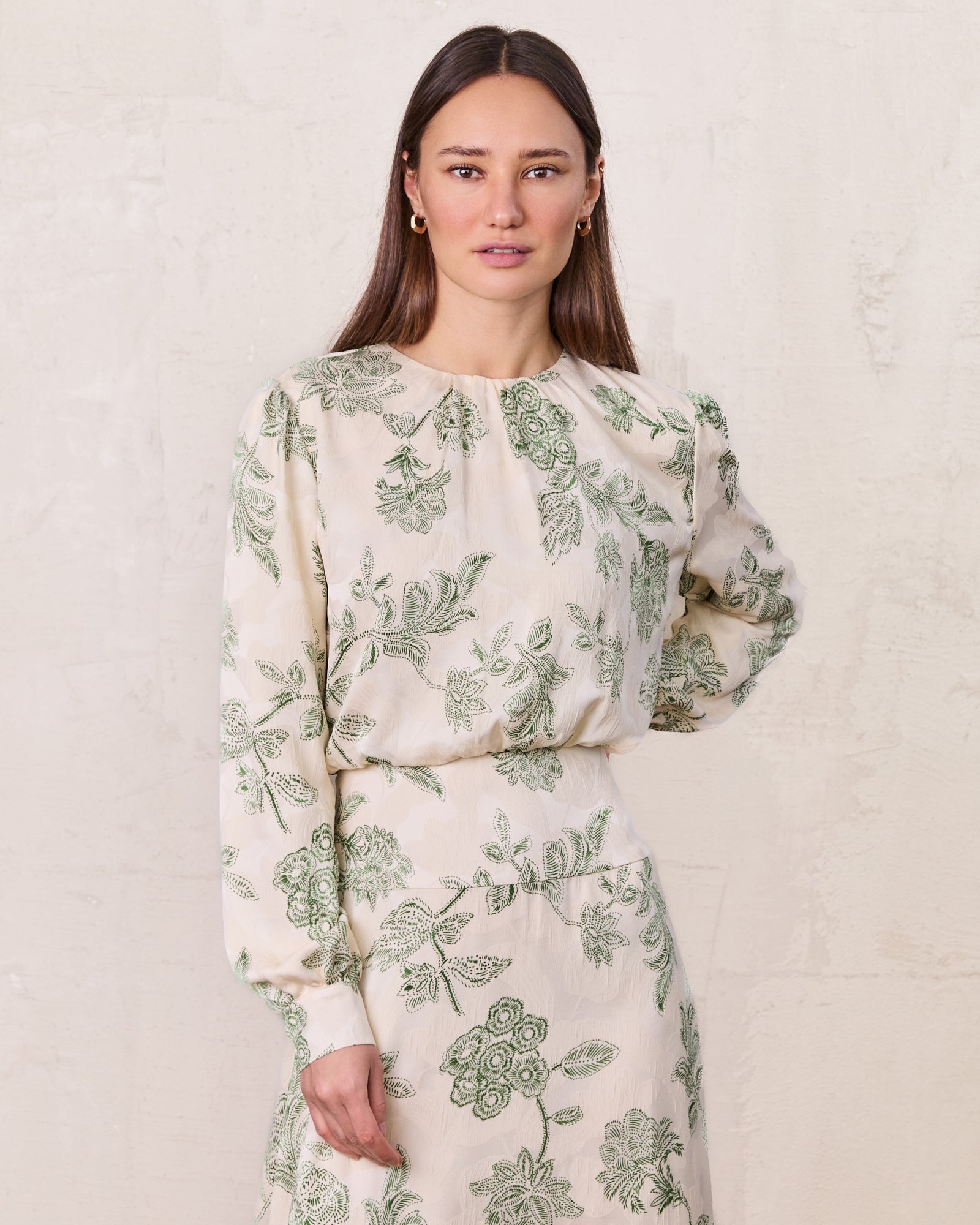 Waist Yoke Dress-Green Sketch Flower