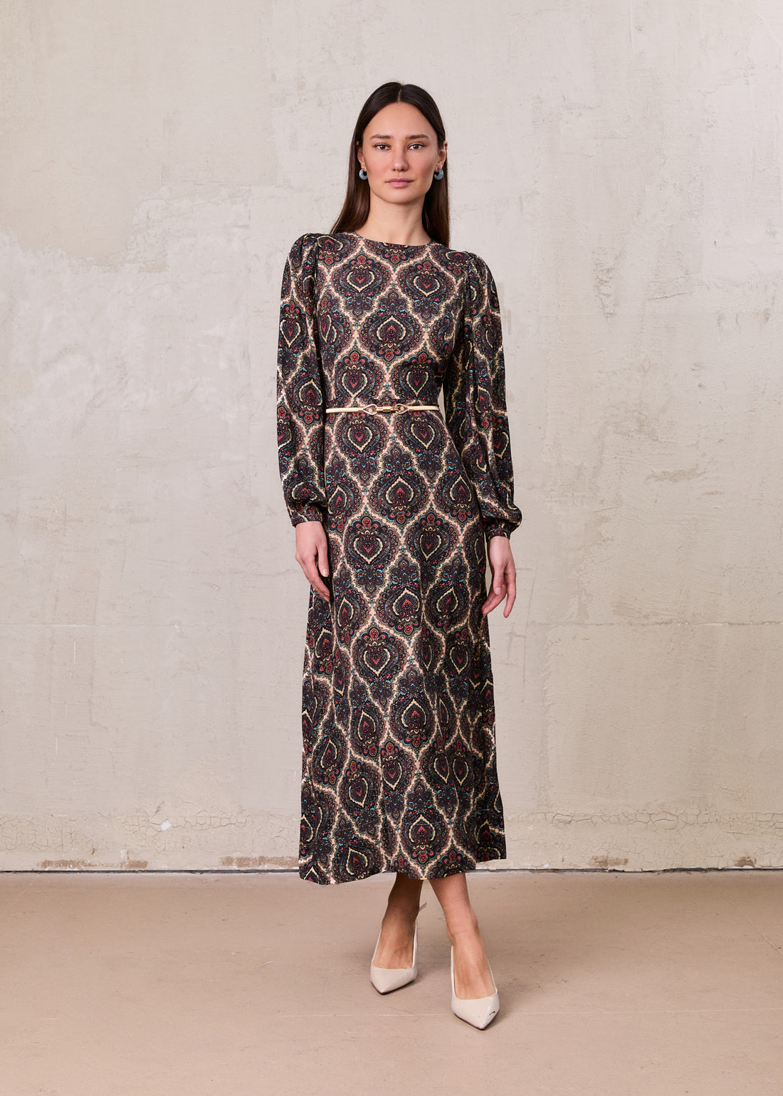 Belted Full Sleeve Dress-Medallion