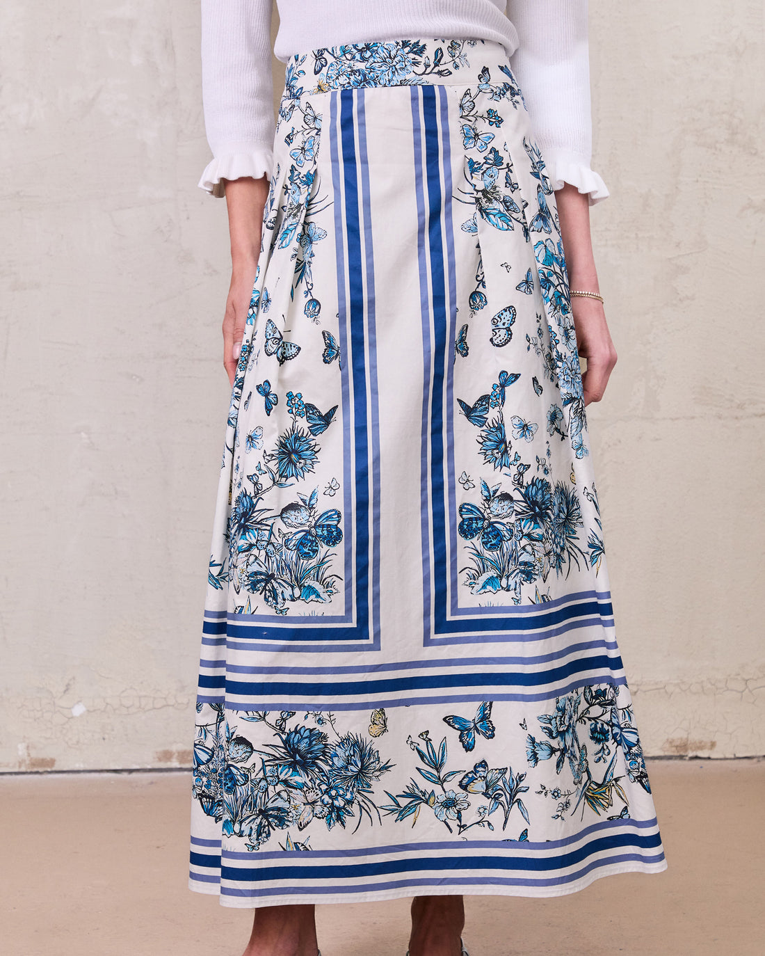 Printed Cotton Pleat Skirt-Navy/White