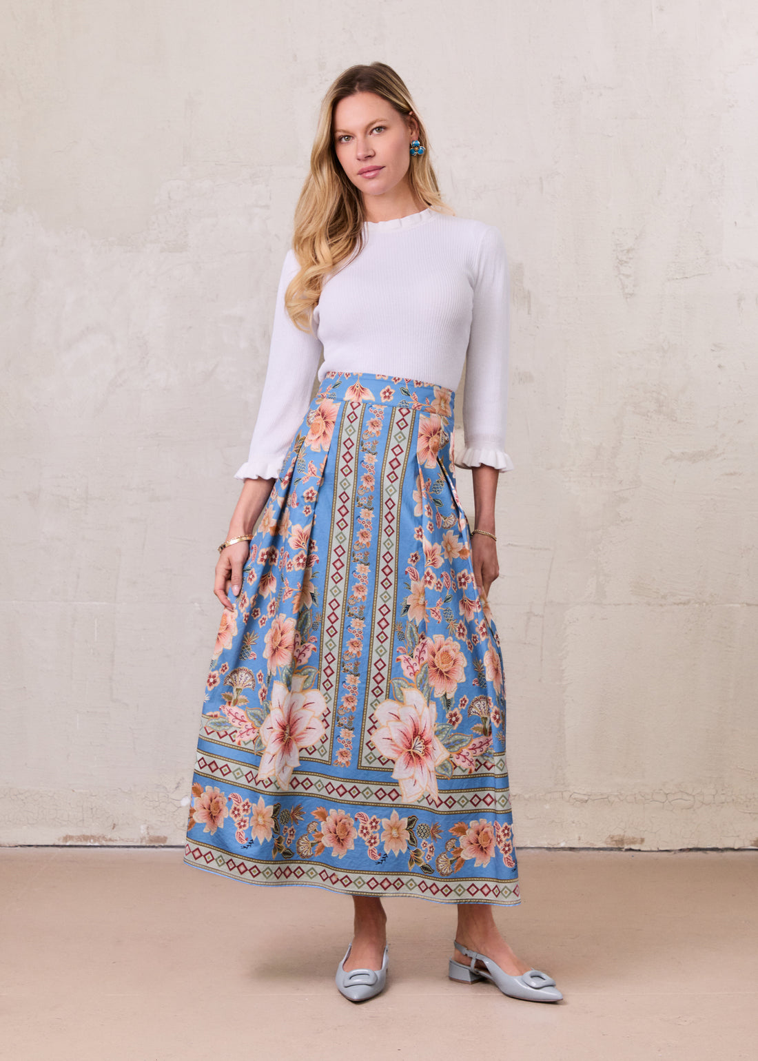 Printed Cotton Pleat Skirt-Light Blue/Peach