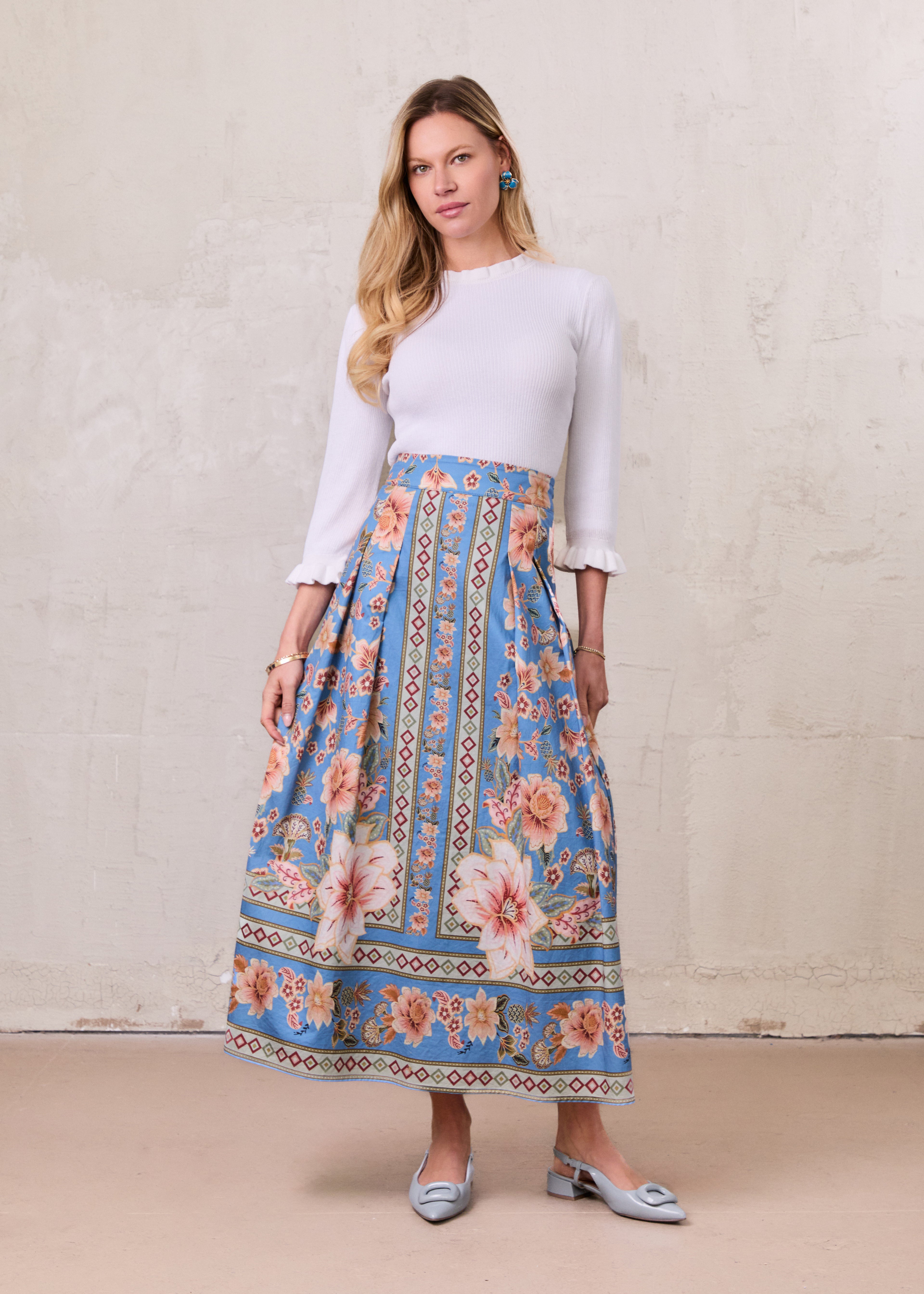 Printed Cotton Pleat Skirt-Light Blue/Peach