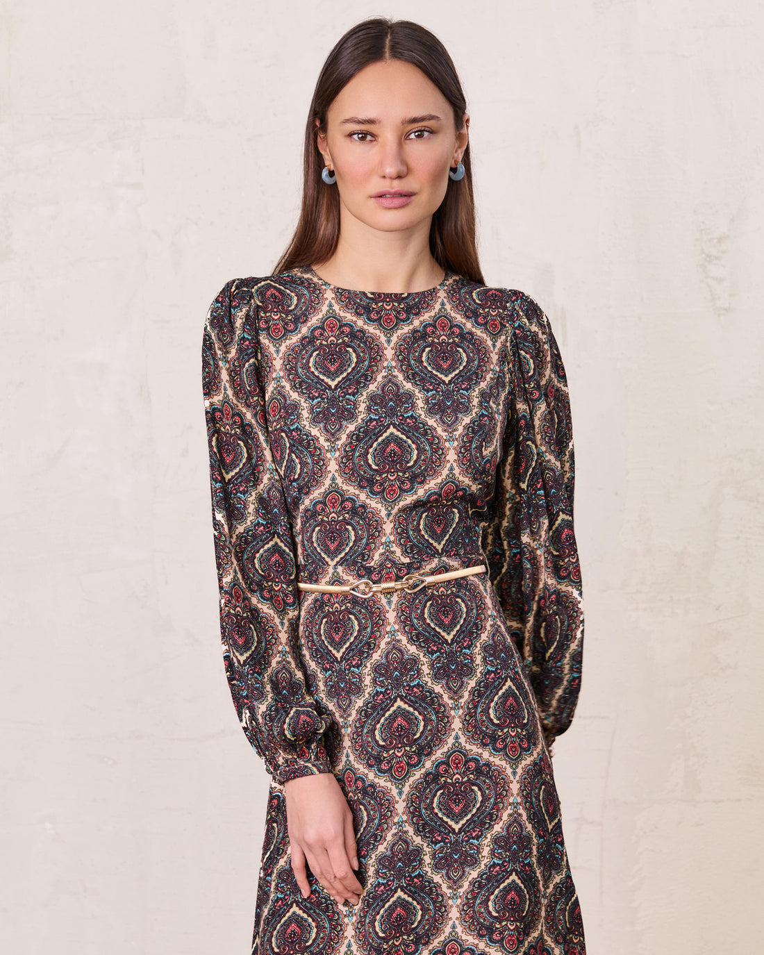 Belted Full Sleeve Dress-Medallion