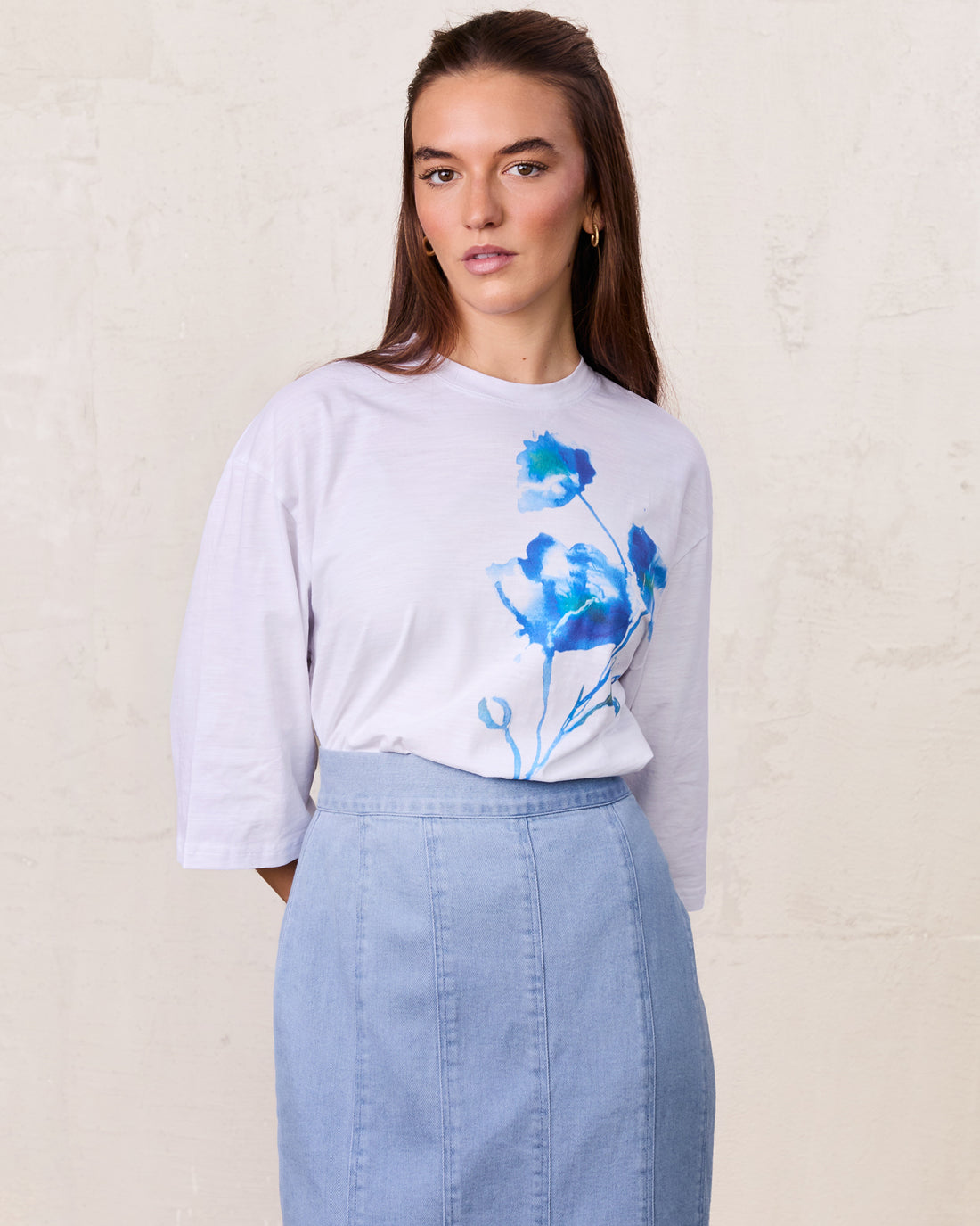 Floral Motif Oversized Tee-Blue