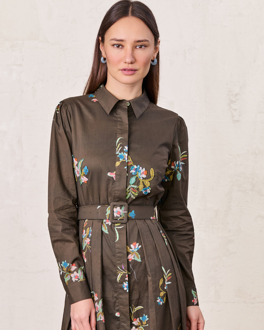 Belted Pleated Bottom Shirtdress-Beaded Floral