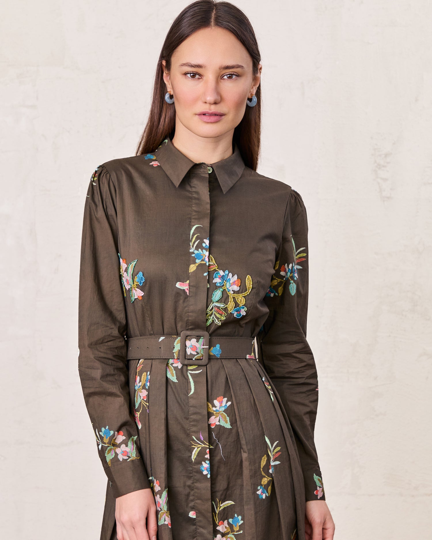 Belted Pleated Bottom Shirtdress-Beaded Floral