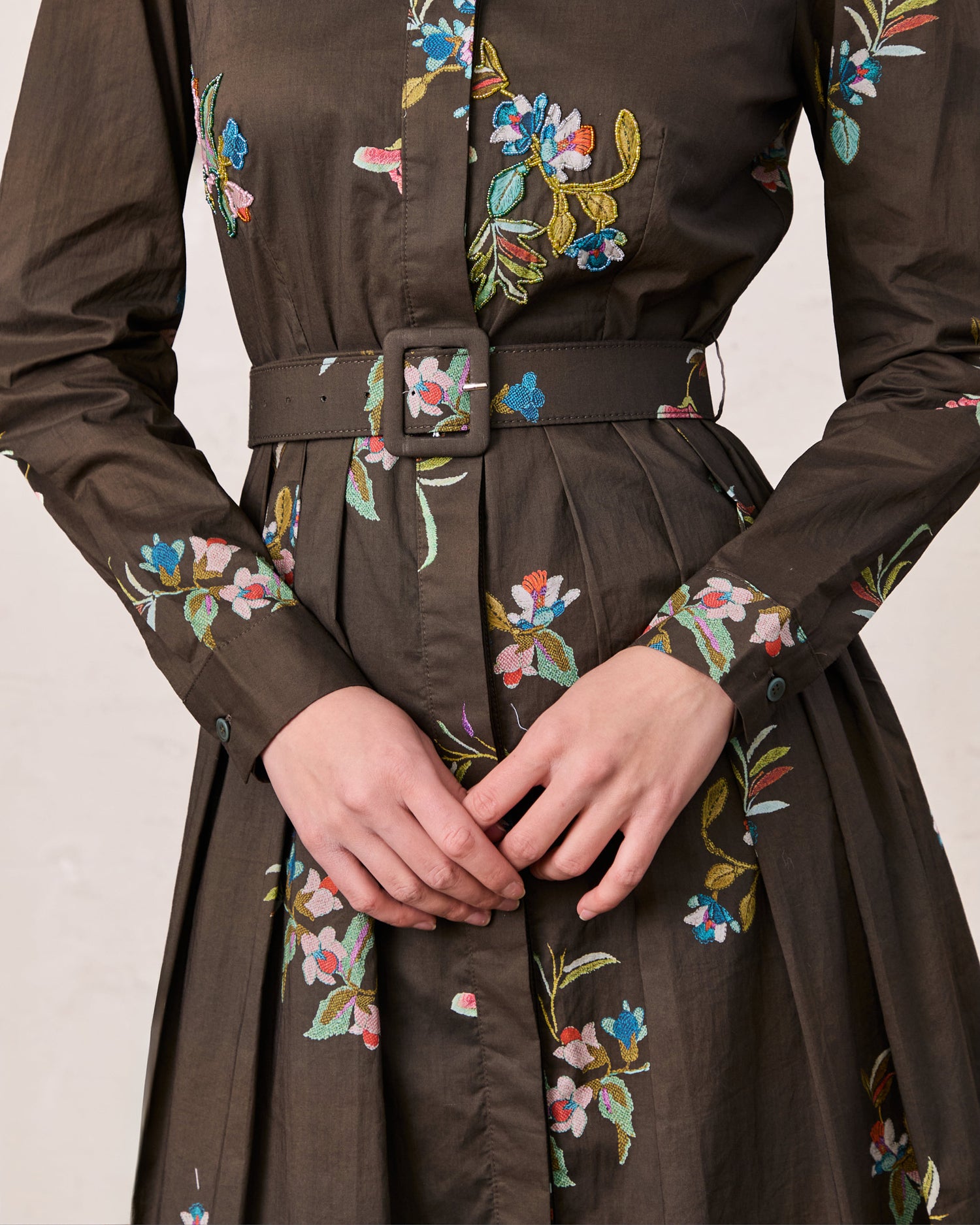 Belted Pleated Bottom Shirtdress-Beaded Floral