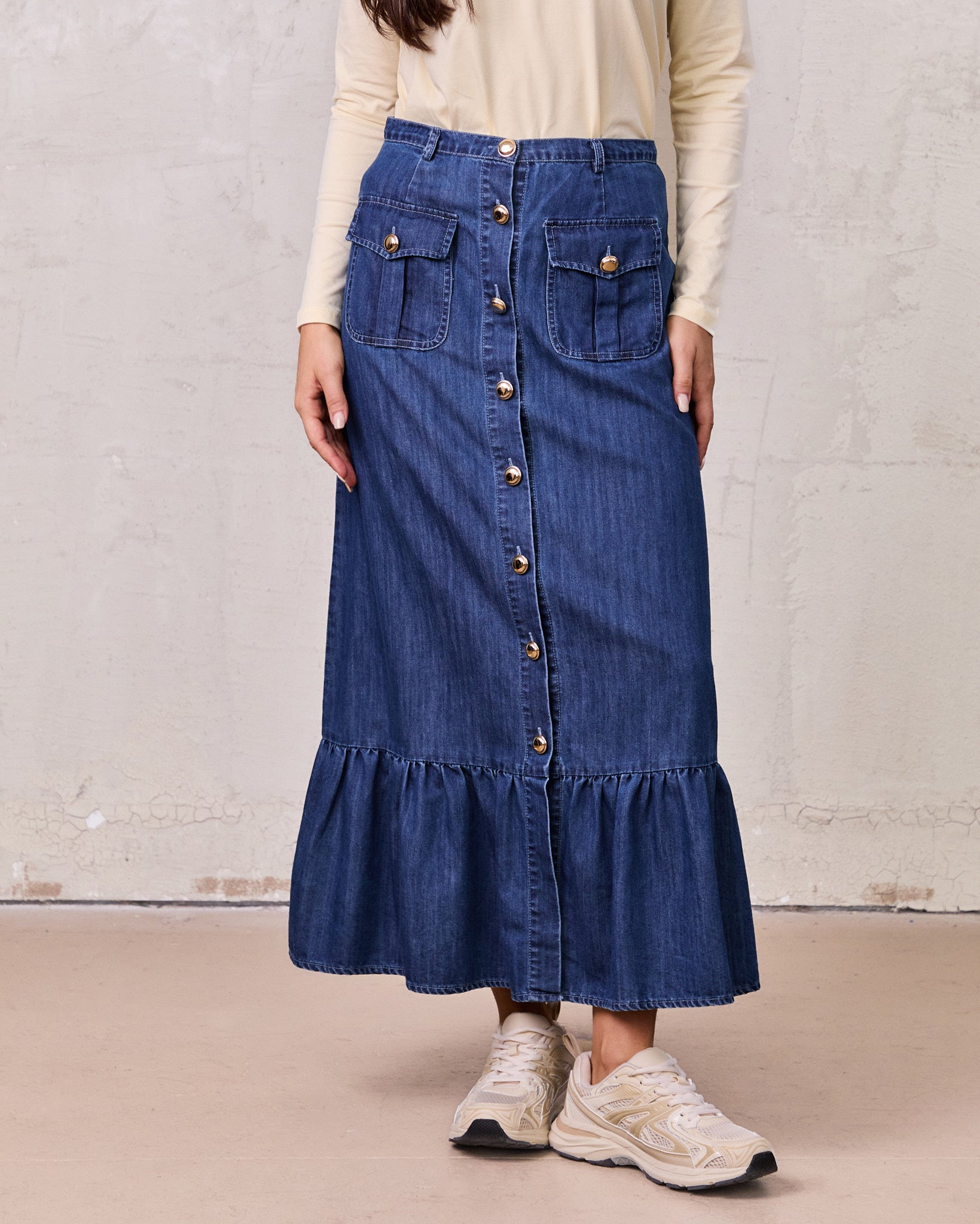 Bottom Ruffle Button Down Denim Skirt-Blue