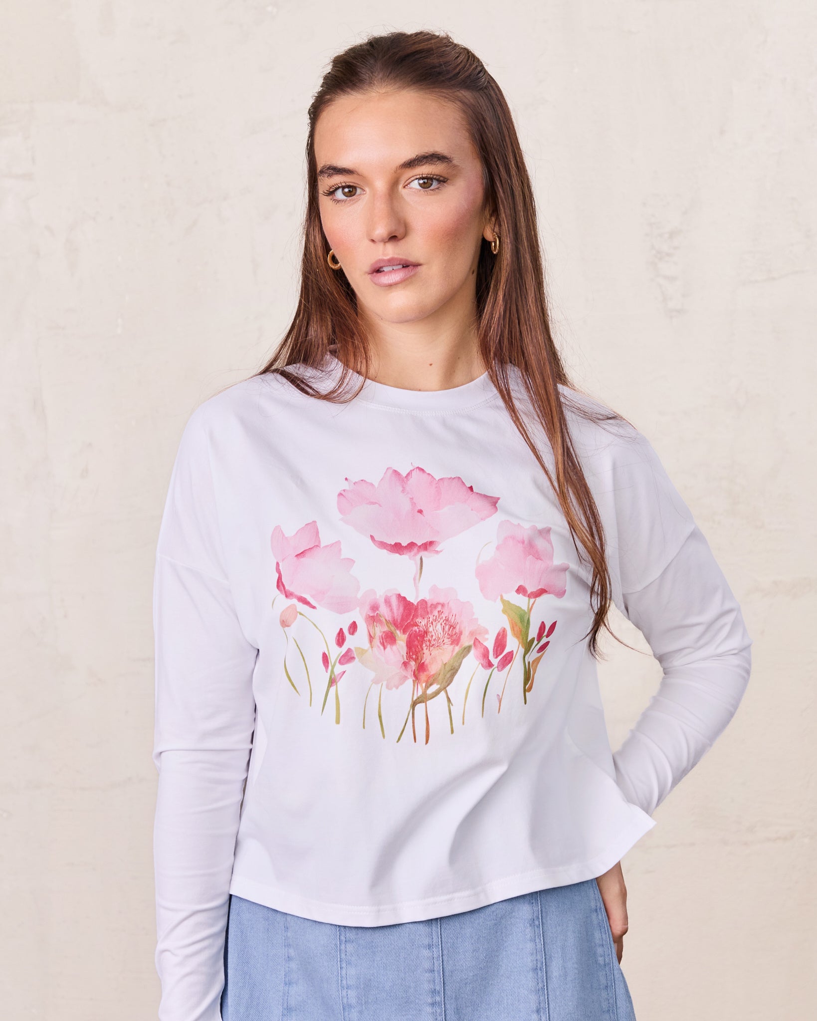 Motif Printed Tee-Pink Flower