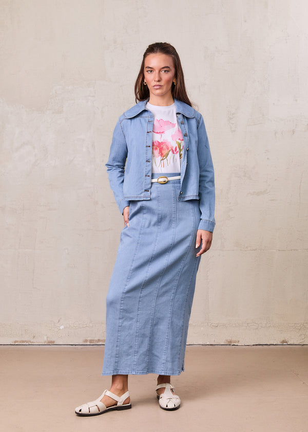 Seamed Straight Stretch Denim Skirt-Light Blue