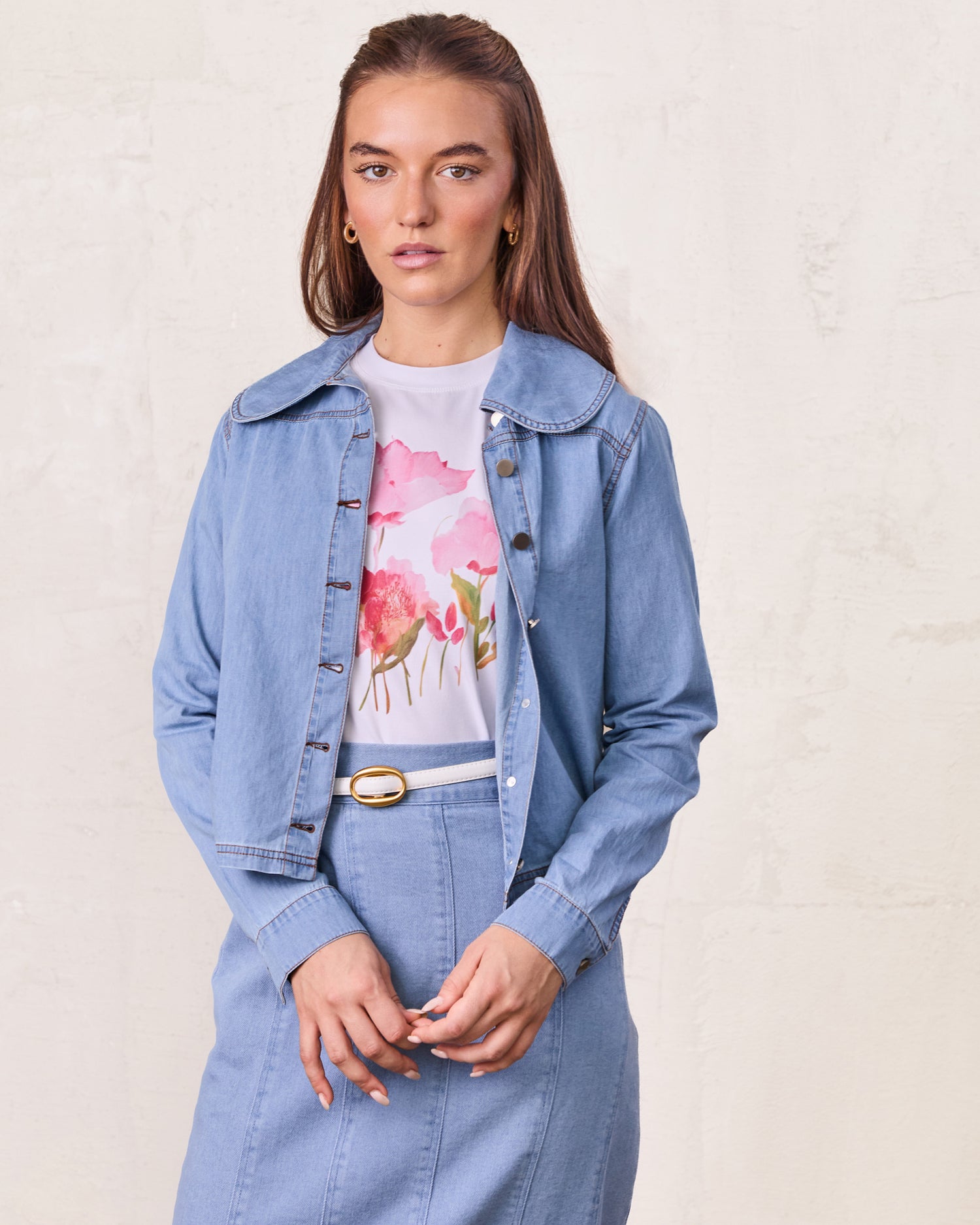 Boxy Denim Collared Top-Light Blue