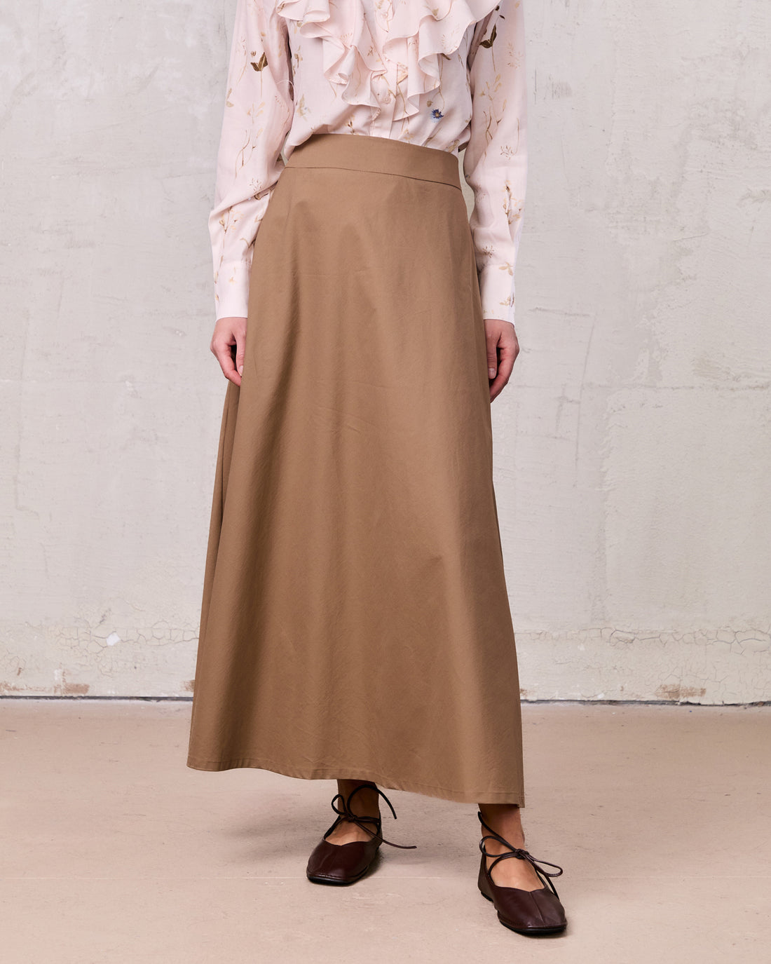 Elastic Back Maxi Cotton Blend Skirt-Mocha Mousse