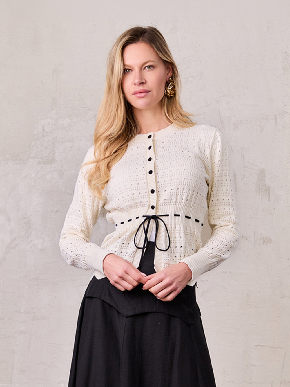 Drawstring Crochet Sweater-Cream