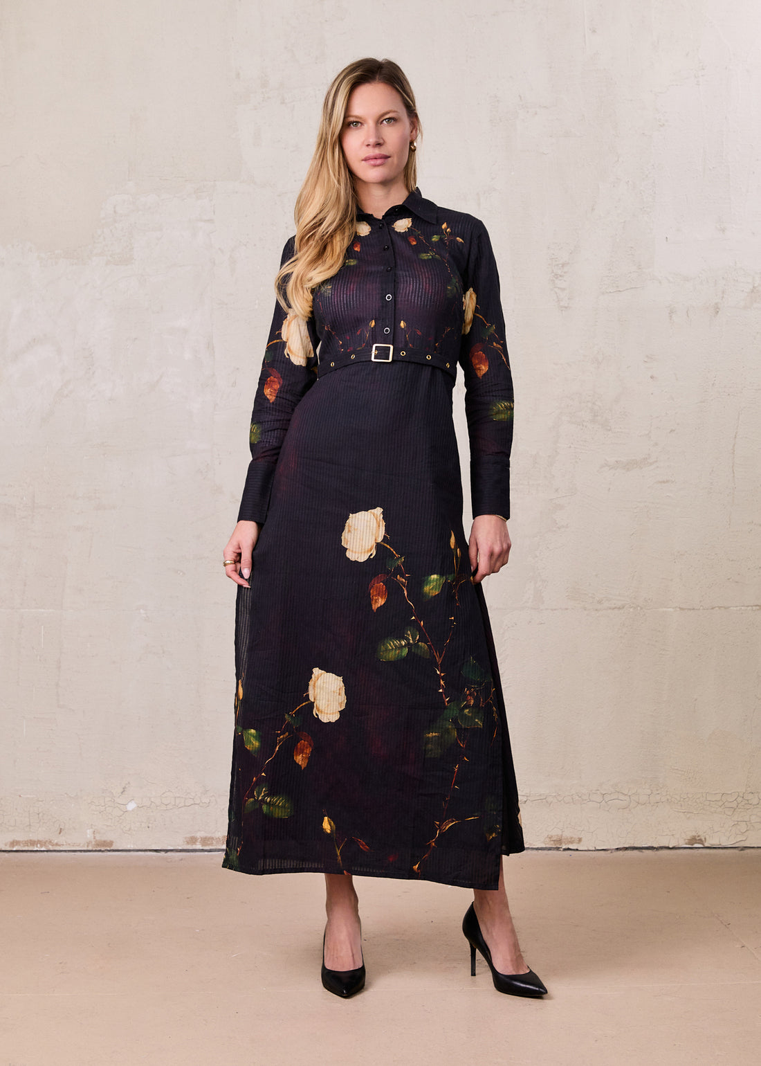 Lightweight Shirtdress-Black Floral