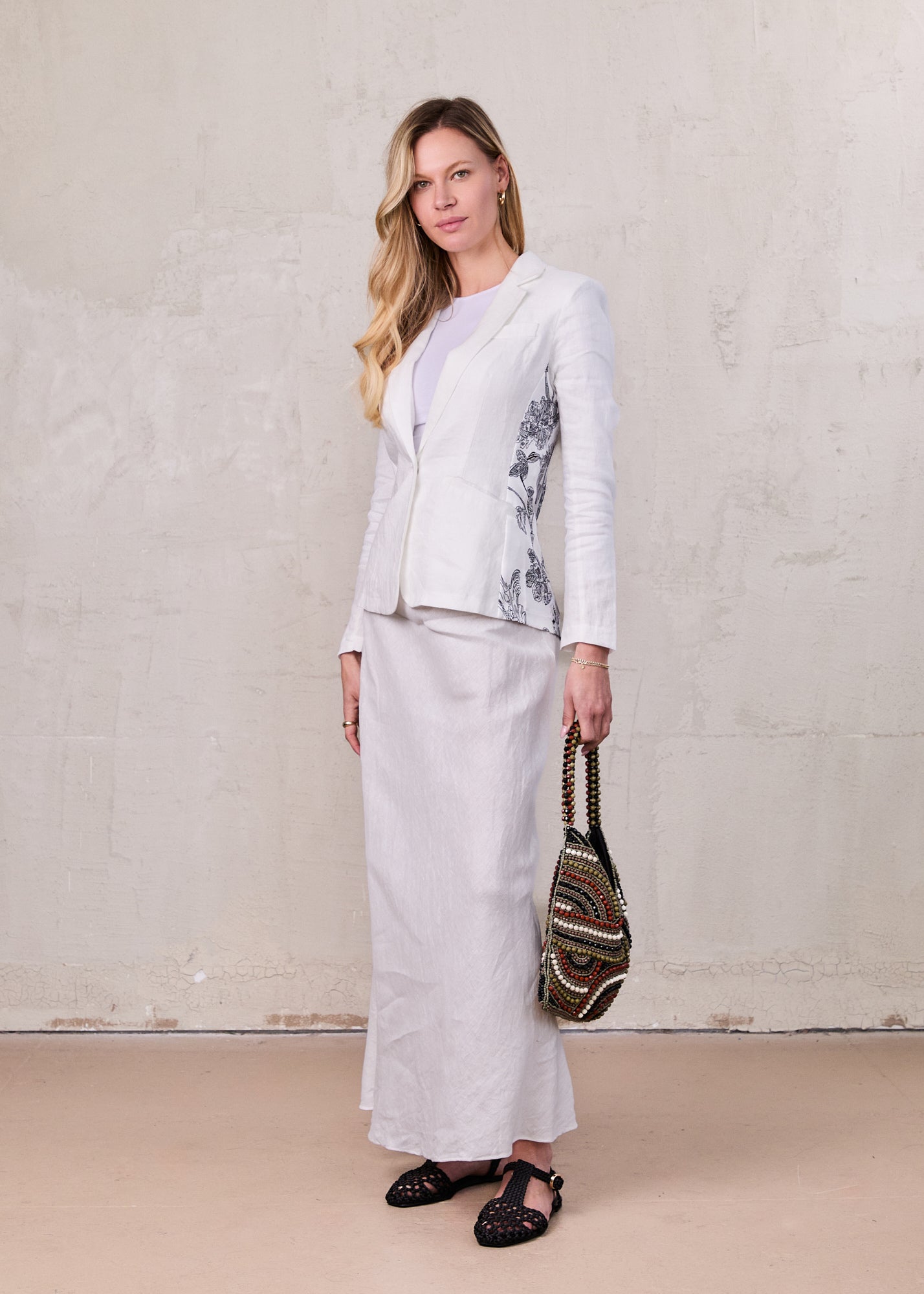 Silky Back Printed Blazer-White/Black