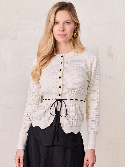 Drawstring Crochet Sweater-Cream