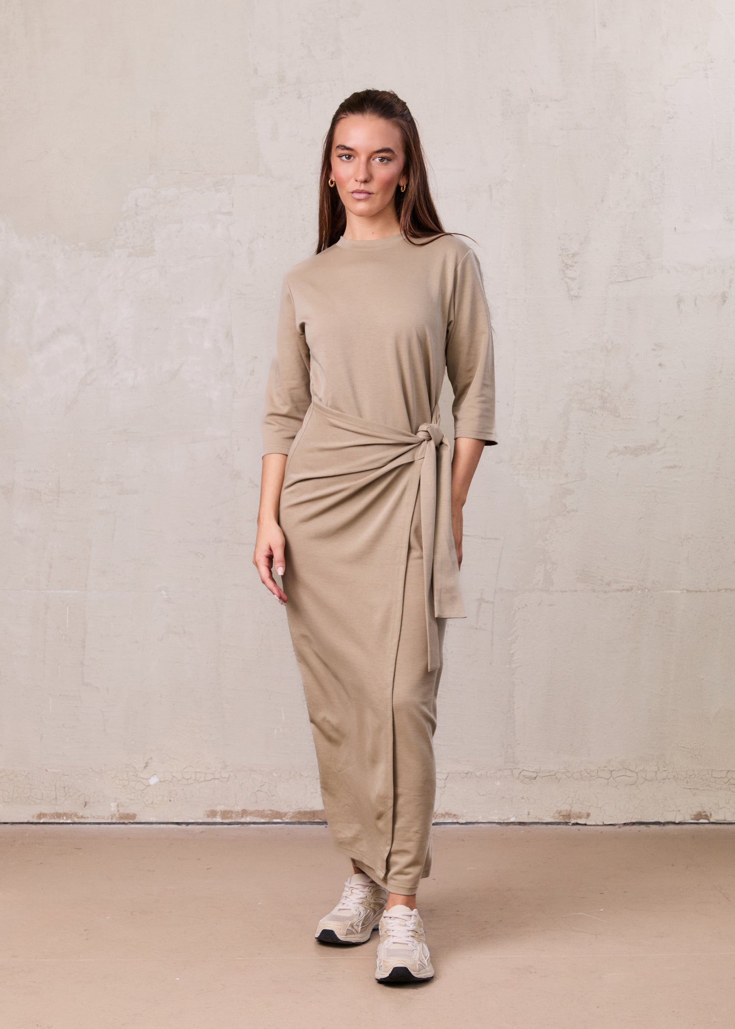 Side Tie T-Shirt Dress-Fawn