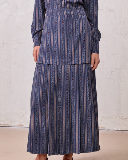 Pleat Bottom Flower Print Skirt-Blue Striped Medallion