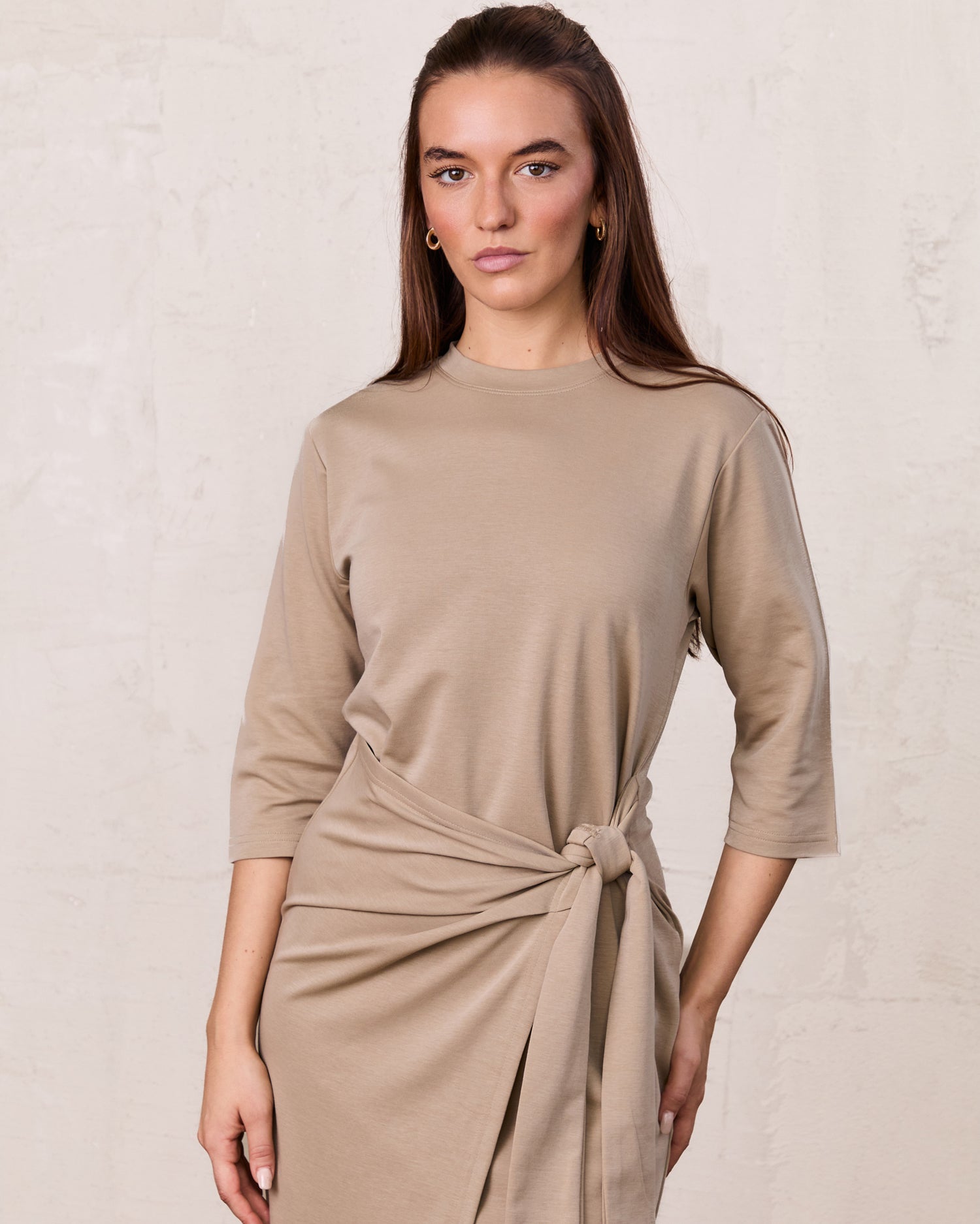 Side Tie T-Shirt Dress-Fawn