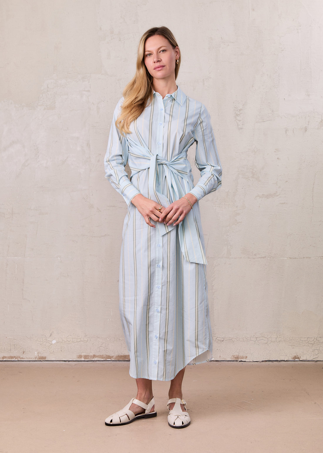 Side Tie Shirtdress-Stripe