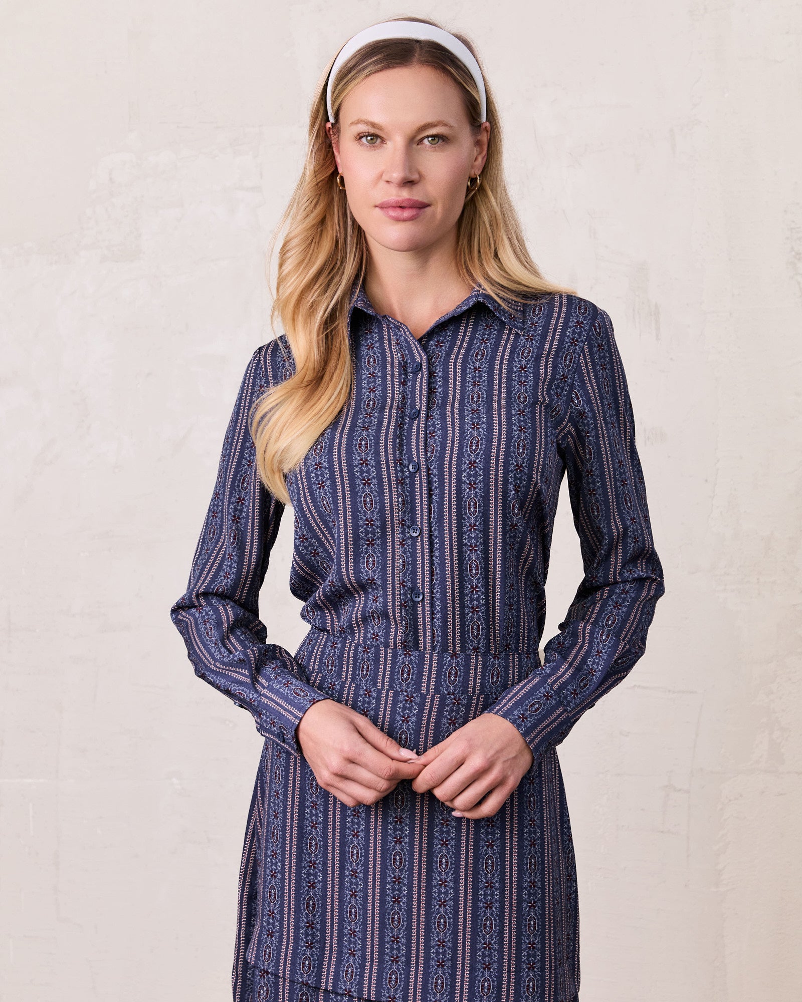 Button Down Flower Print Blouse-Blue Striped Medallion