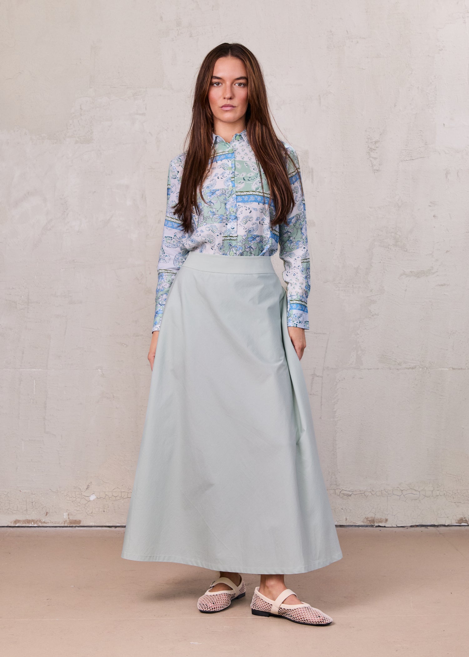 Elastic Back Maxi Cotton Blend Skirt-Dusty Mint