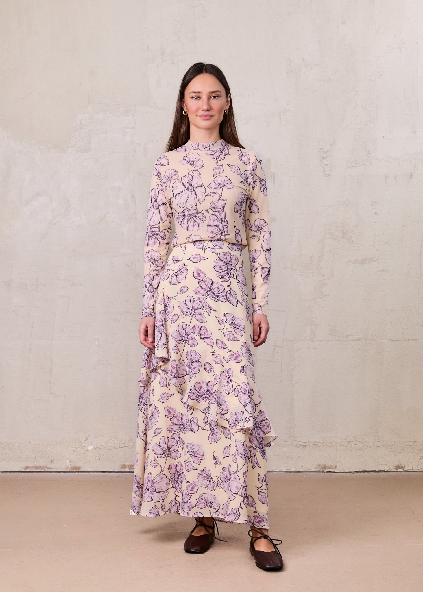 Asymmetrical Ruffle Skirt-Lavander Floral