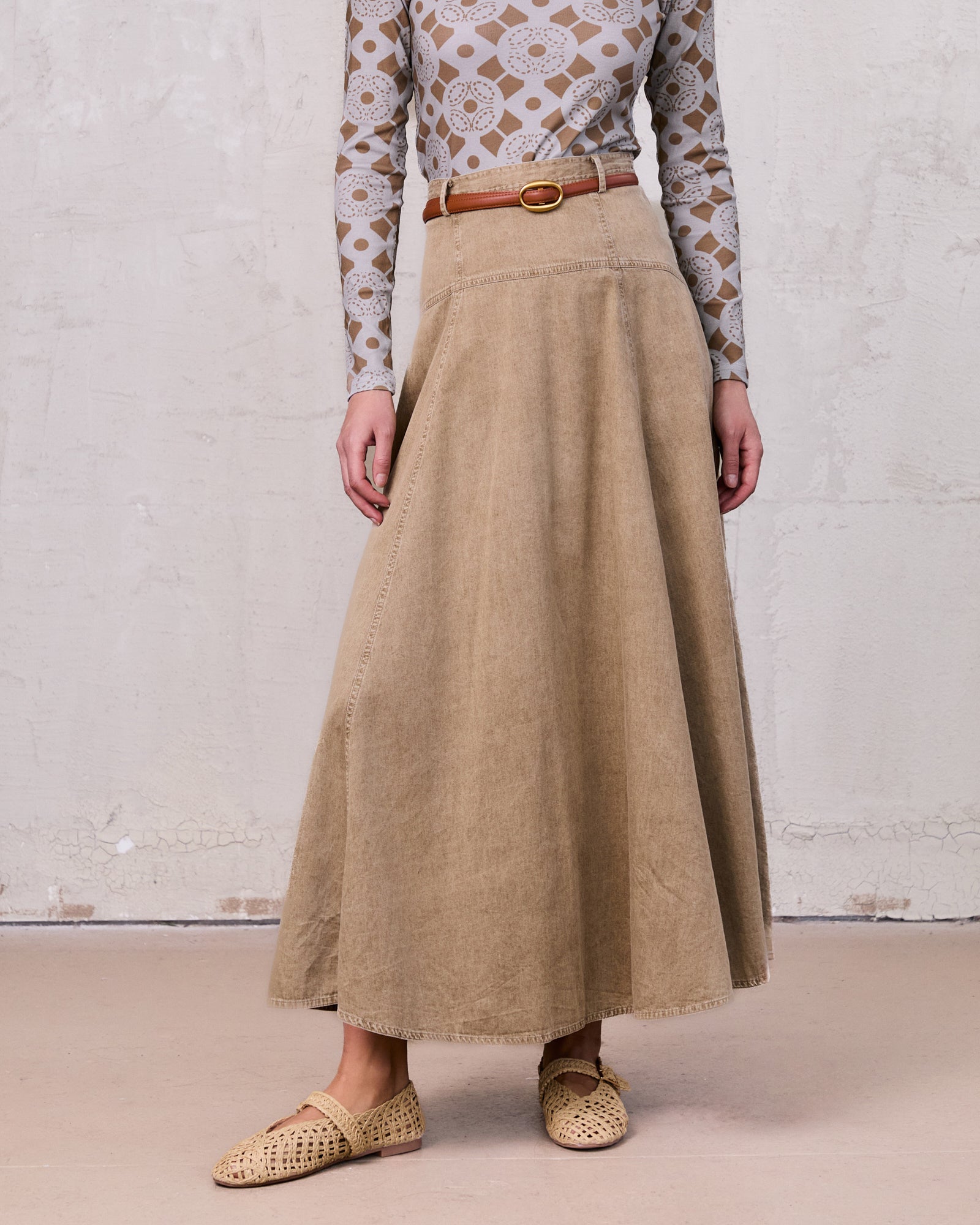 Denim Yoke Circle Skirt-Washed Khaki