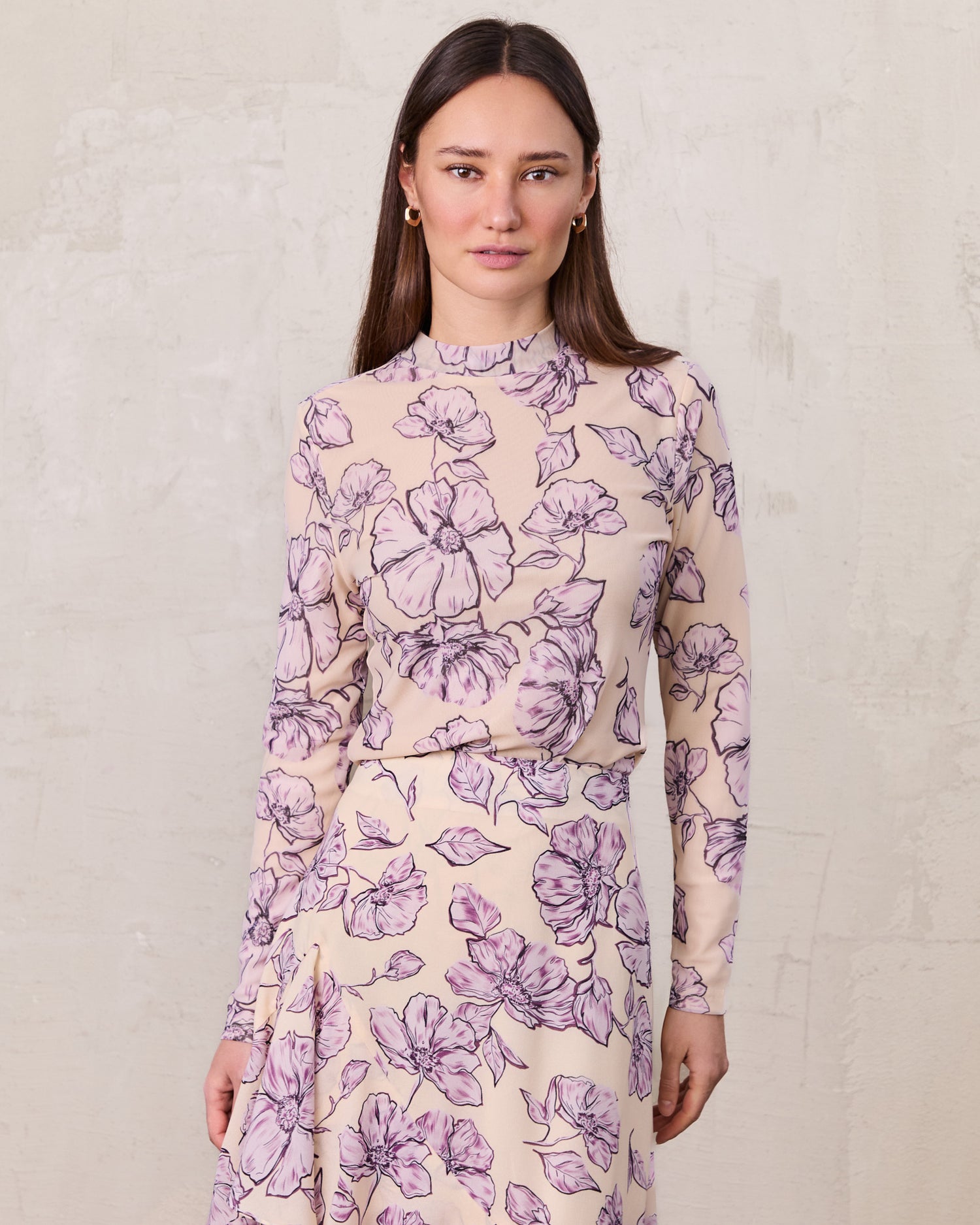 Mesh Crew Neck Print Top-Lavender Floral