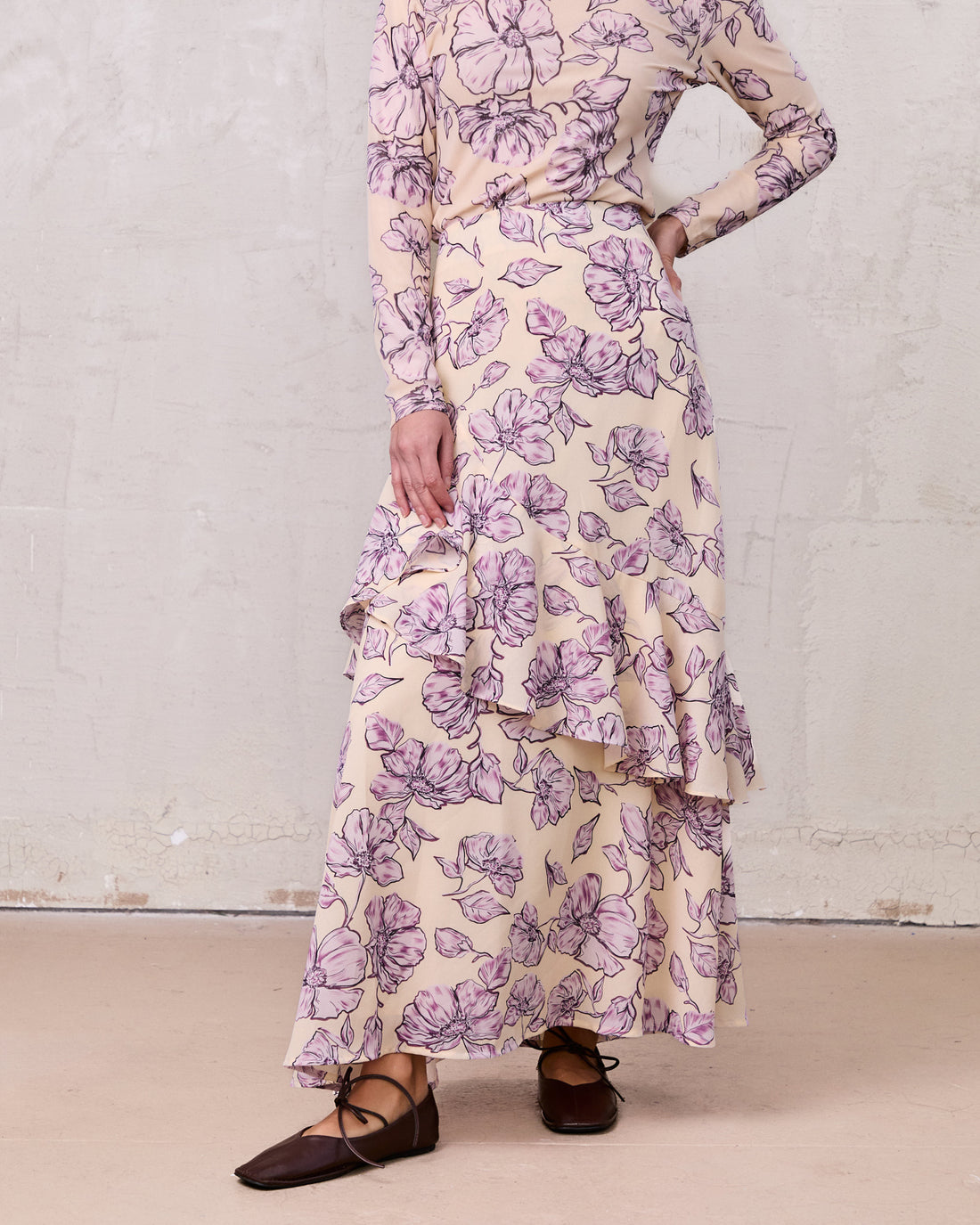 Asymmetrical Ruffle Skirt-Lavander Floral