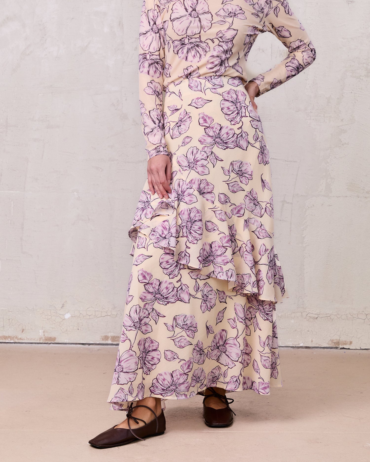 Asymmetrical Ruffle Skirt-Lavander Floral