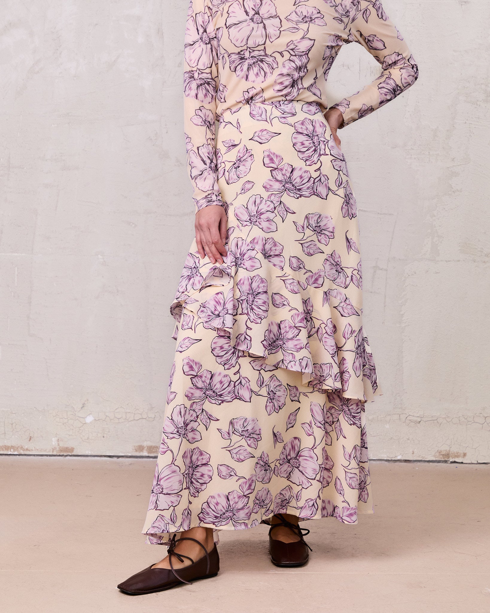 Asymmetrical Ruffle Skirt-Lavander Floral