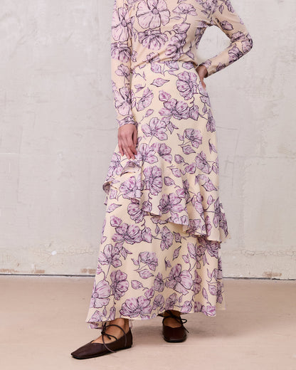 Asymmetrical Ruffle Skirt-Lavander Floral