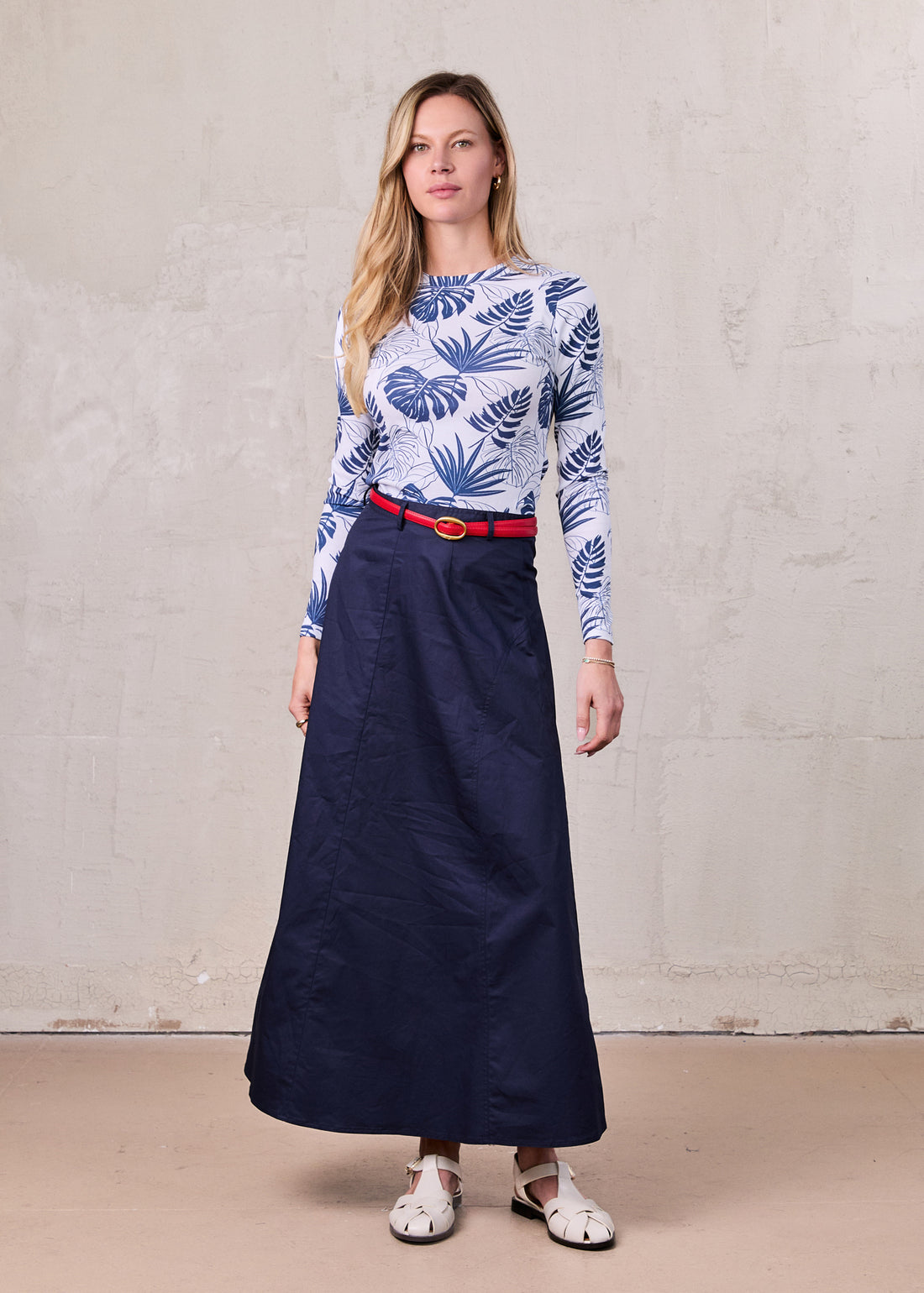 Cotton Yoke Circle Skirt-Navy