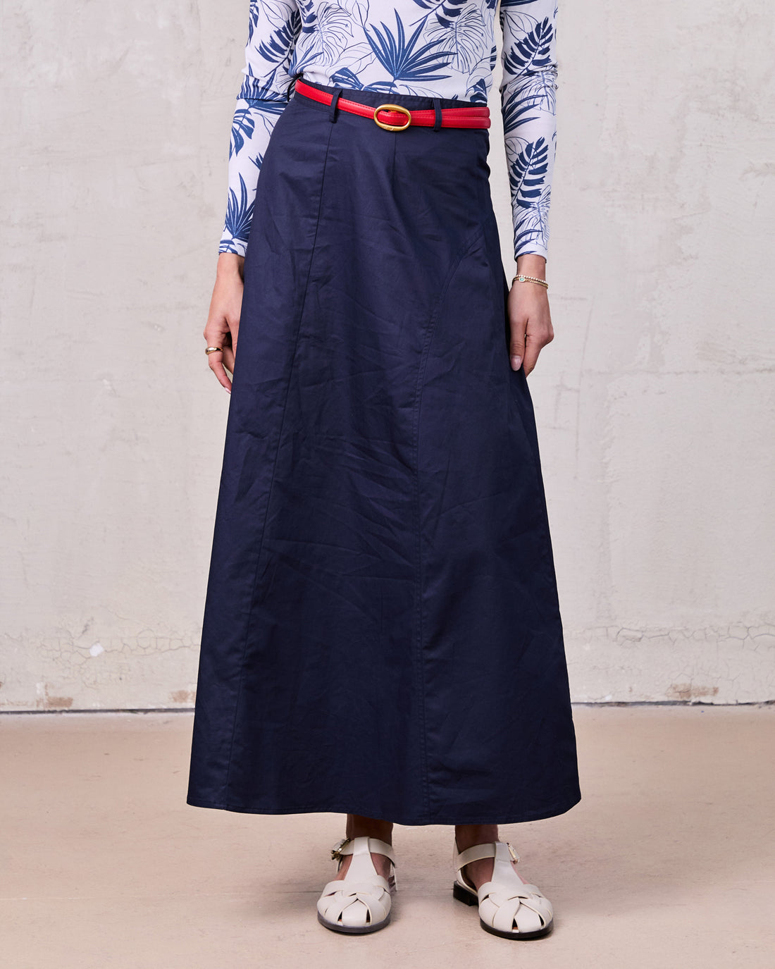Cotton Yoke Circle Skirt-Navy